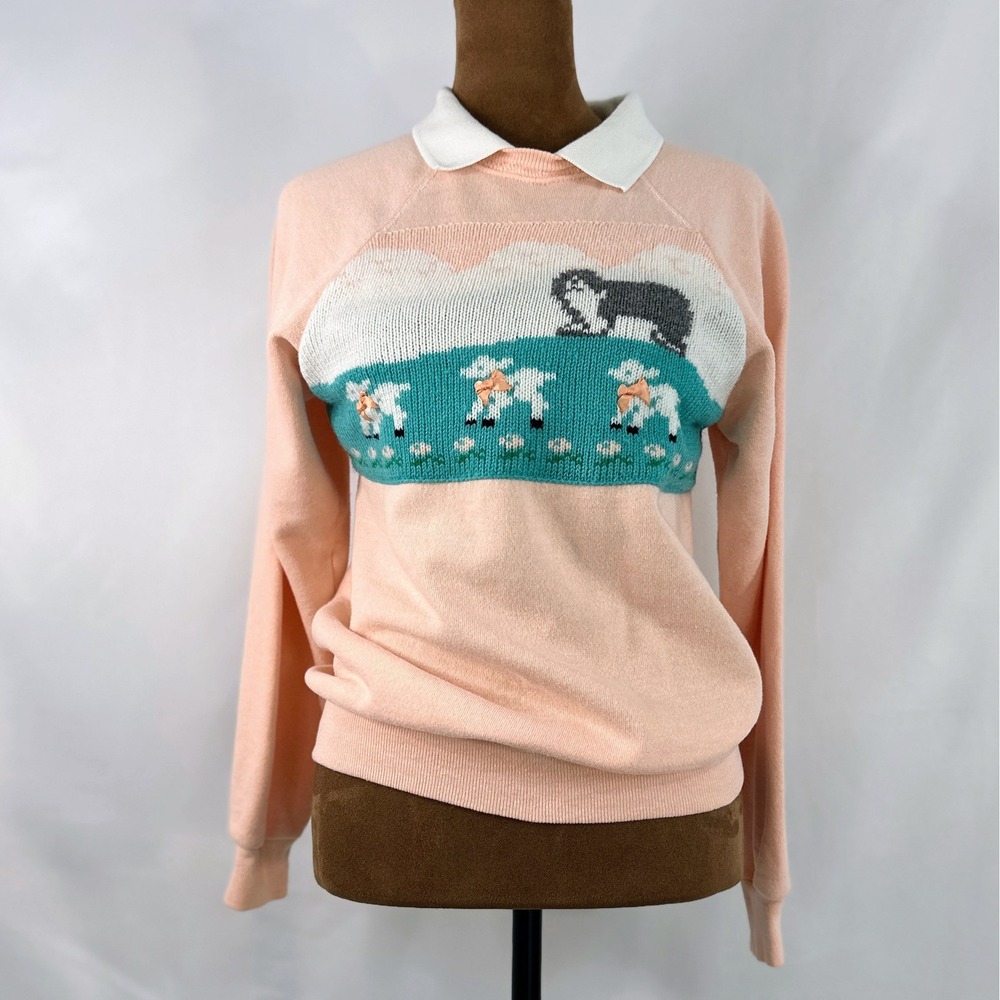 Hanes Sweatshirt Women Peach 1980's Vintage Sheep Dog Knit Peter Pan Collar USA